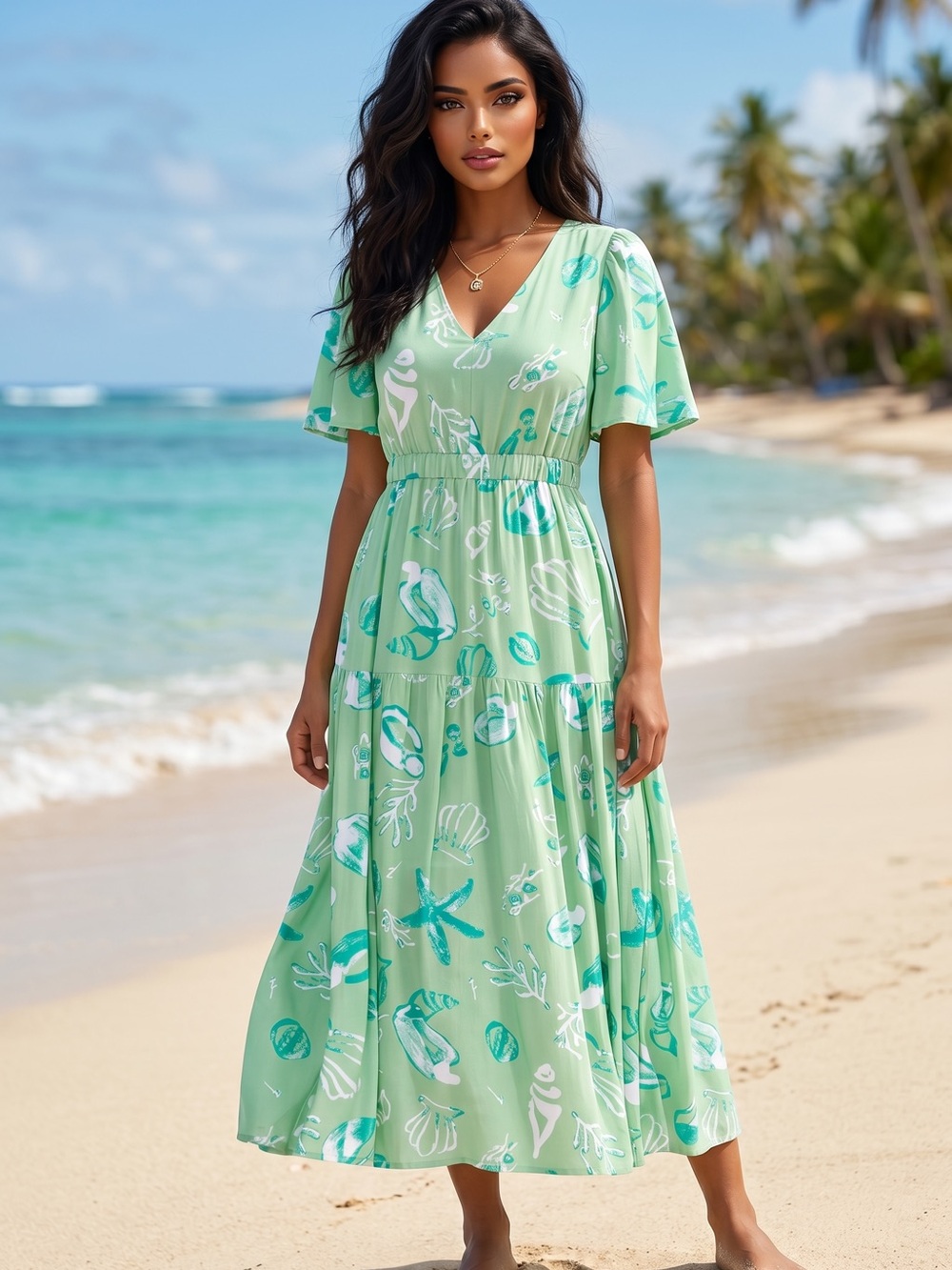 🌟B706. Stylish Breezy Mint Green V-Neck Beach Dress